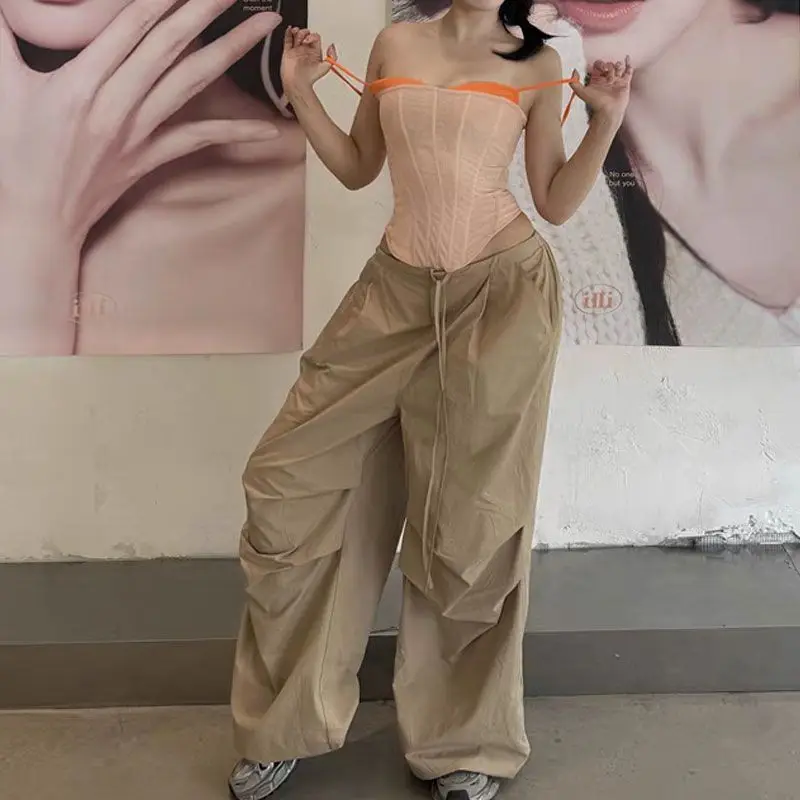 2026 Internet Celebrity Retro American Style Relaxed Low Waist Drawstring Wide Leg Loose Workwear Casual Pants