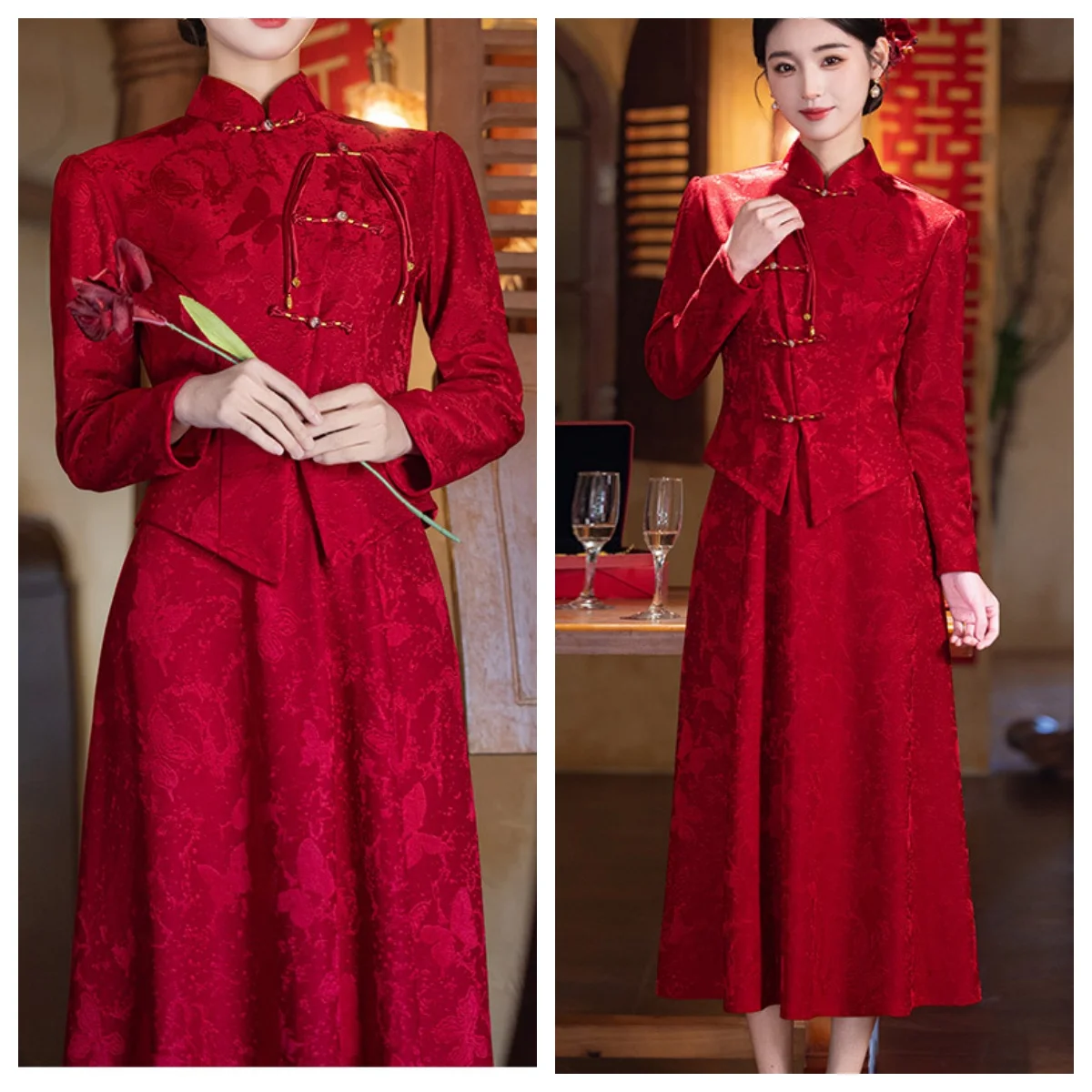 Elegant Vintage Jacquard 2-Piece Cheongsam Set for Bride Mandarin Collar Button Shirt & Skirt Women Wedding Chinese Qipao Outfit
