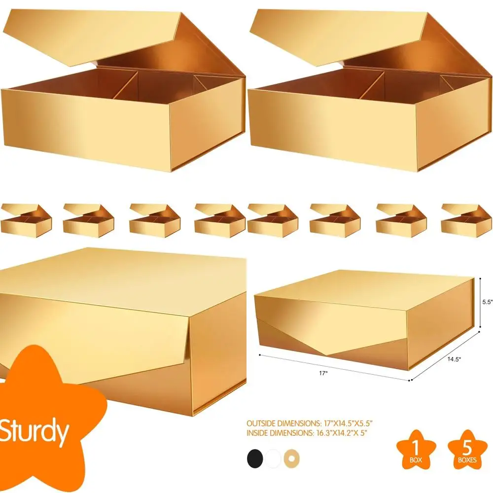 

Подарочные коробки 5 XL с крышками, 16,3x14,2x5, золотые, идеально подходят для подарков подружке невесты и рождественских подарков, идеально подходят для одежды и крупных подарков.