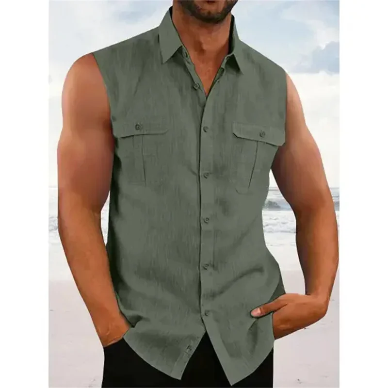 

Hawaiian Men's Shirt Coconut Print Flap Collar Sleeveless Top Beach Holiday Style Shirt Fashion Top