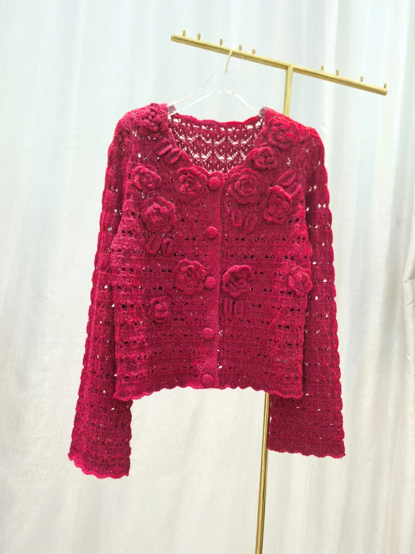 Women 3D Rose Floral Crochet Knit Cardigan Long Sleeve Button Front Hollow Out Cropped Knit Jacket for Ladies