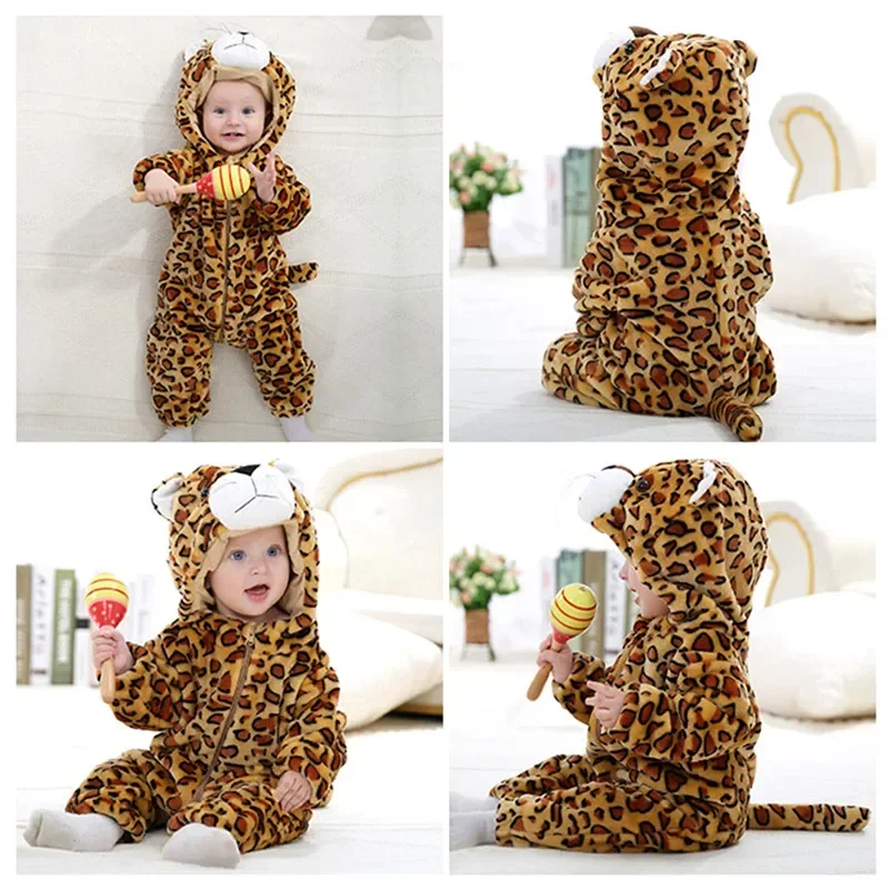 Baby Boys Hooded Pyjamas Cute Tiger Lion and Leopard Soft Warm Flannel Zipper Jumpsuit Romper Winter New Year  Animal Costumes