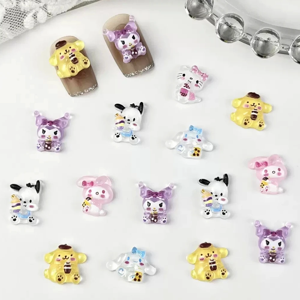 50 peças de mini garrafas de resina com personagens Sanrio, gato, coelho, cachorrinho, strass para unhas, acessórios de decoração para scrapbook DIY.