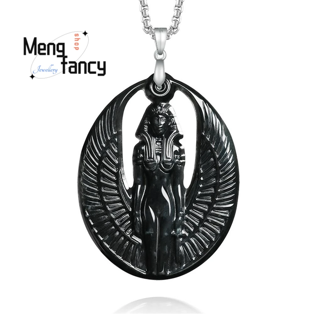 

Original Natural Burmese A-grade Jadeite Ink Jade Goddess Isis S925 Silver Buckle Pendant National Style Fashion Jewelry Mascots