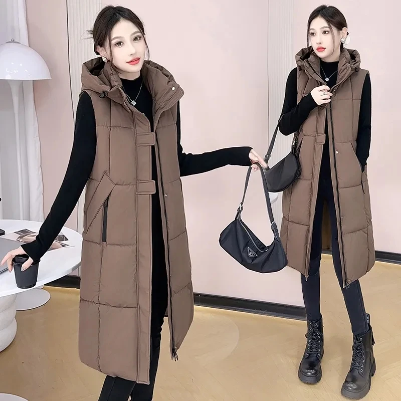 

2025 New Winter Hooded Down Cotton Vest Jacket Women Thick Warm Sleeveless Parka Waistcoat Coats Outerwear
