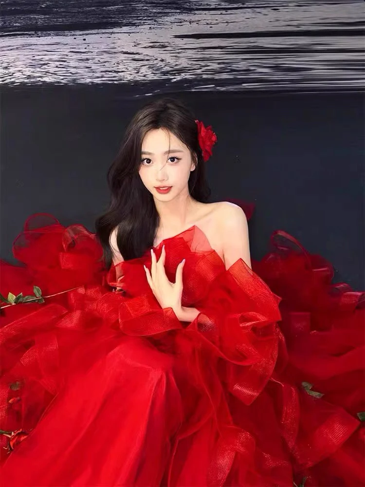 E Vestido de Novia Rojo para Mujer con Hombros Descubiertos, Vestido de Noche para Anfitriona, Nuevo 2025, Alta Gama, ...