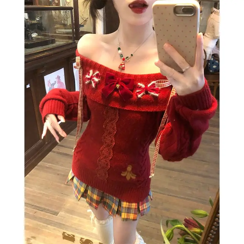 

New Year Off Shoulder Red Slim Fit Knit Top Women Sexy Tie Up Bow Patchwork Sweater Harajuku Sweet Design Casual Pullovers 2025