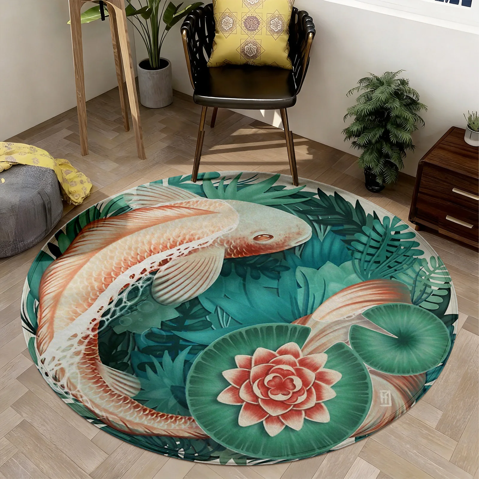 Large Round Tropical Area Rug Ocean Jungle Botanical Print Mat for Modern Boho Seaside Living Room Decor Home Accent Rug