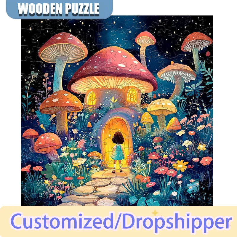 Mushroom House Wooden Jigsaw Puzzle Family Assembly Party Game Holiday Wall Decor Wooden Jigsaw Puzzle