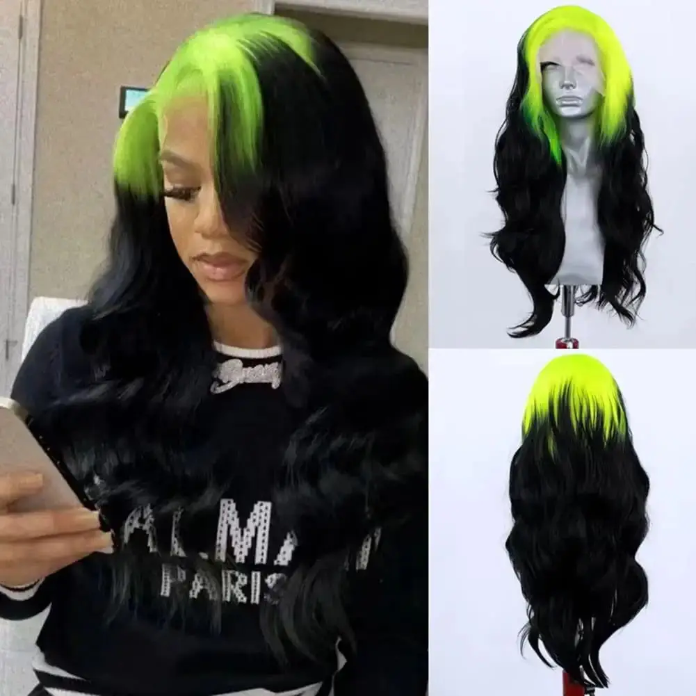 AIMEYA Neon Green Wigs for Women Free Part Synthetic Lace Front Wig Ombre Color Black and Green Wigs Daily Use Cosplay Wig