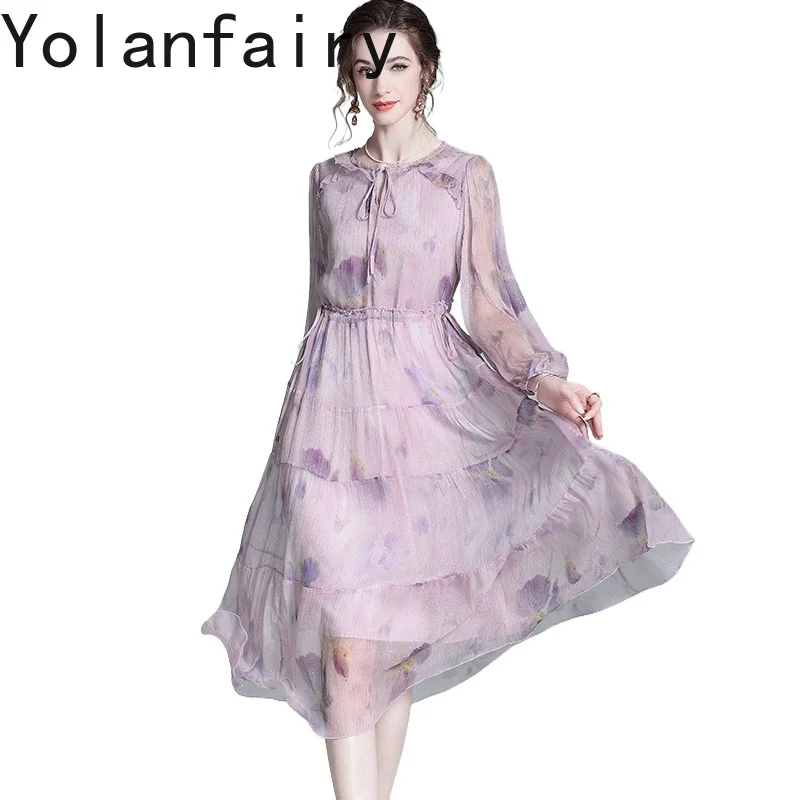 

YOLANFAIRY 100% натуральные шелковые платья из тутового шелкопряда для женщин, весенне-летнее романтическое платье с цветочным принтом, женское элегантное платье на день рождения, платье-халат