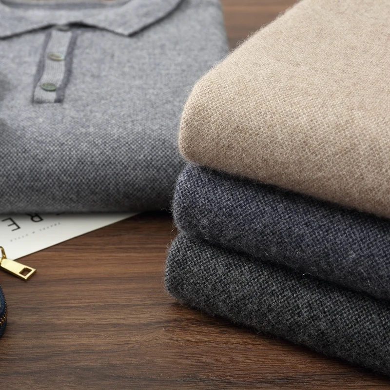 Men's 100% Cashmere Business Polo Collar Pullover Classic Fashion Long Sleeve Sweater Autumn Winter Casual Versatile Knit Top