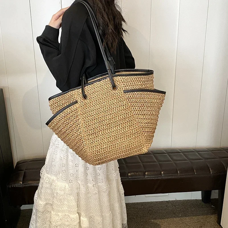 Large Capacity Straw Shoulder Bags Simple Versatile Braid Zipper Mother and Baby Bags for Women 2024 High Quality Casual Tote