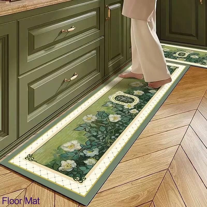 

Kitchen Floor Mat Waterproof Oil-proof Non-slip Rug Retro Green Floral Pattern Carpet Long Strip Home Decoration Foot Mats 양탄자
