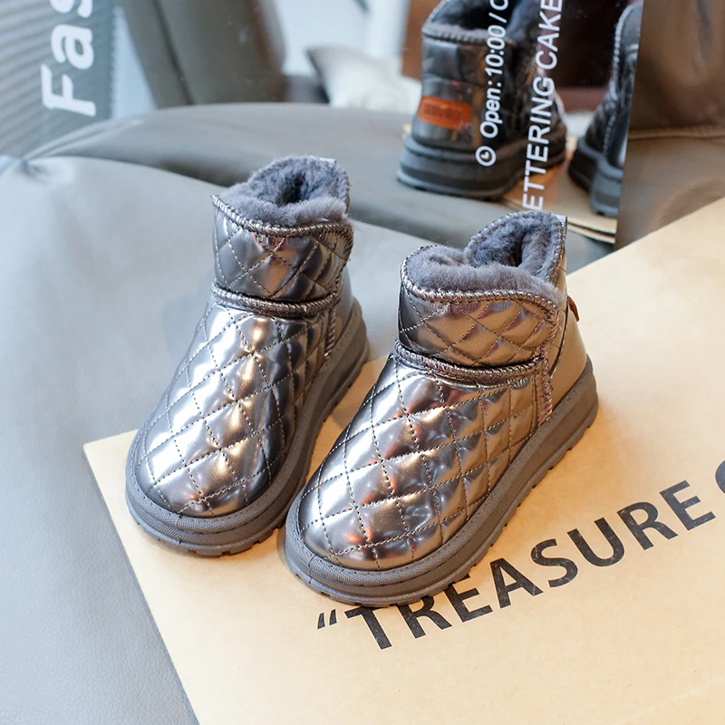 Kids Glossy Quilted Fleece‑Lined Snow Boots, Toddler Slip‑On Winter Ankle Pull‑Tab, Non‑Slip Thick Sole Warm Boys Girls