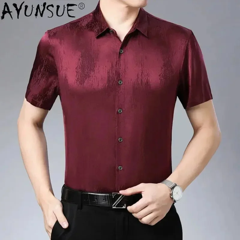 

High Quality 93% Mulberry Real Silk Shirt Men's Short Sleeve Clothing Fashion Solid for Men Ropa Para Hombre