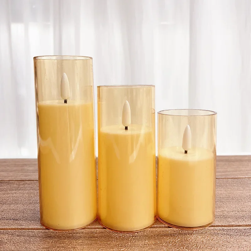 3 PCS/Set LED Flickering Flameless Pillar Amber Candles Battery Operated Acrylic Electric Candle for Wedding Halloween Christmas