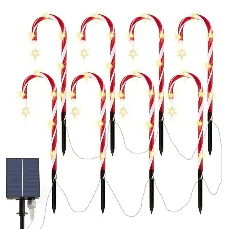ABKS-Christmas Candy Cane Pathway Lights Solar Powered Christmas Decorations Stake Lights 1 To 8 LED Stake Lights Floor Lamp