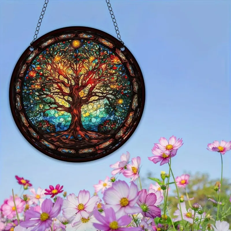 Tree of Life Sign Suncatcher Wall Sign Round Dyed Acrylic Window Hanging for Home Room Decor Gift for Friends