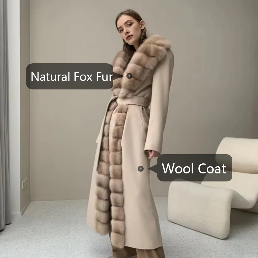 Afbeelding 6: Winter Nieuwe Kasjmierwollen jas Natuurlijk vossenbont Warme winterjassen Bontjas Dames Luxe echte bontkraag
