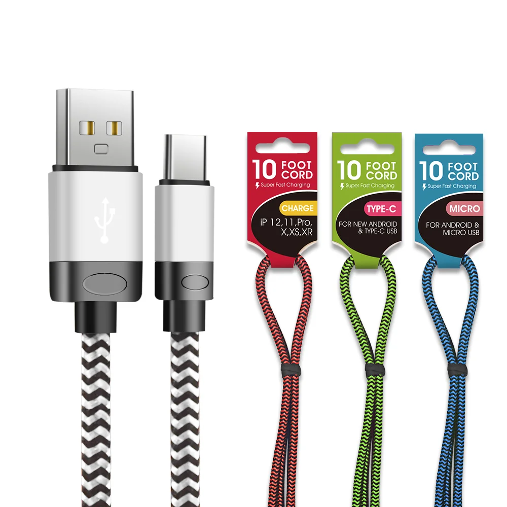 Mobile Fast Charger Data Cable Braided Wire Cell Phone Charging USB C Cable 10FT 3M Nylon USB Charger Cable