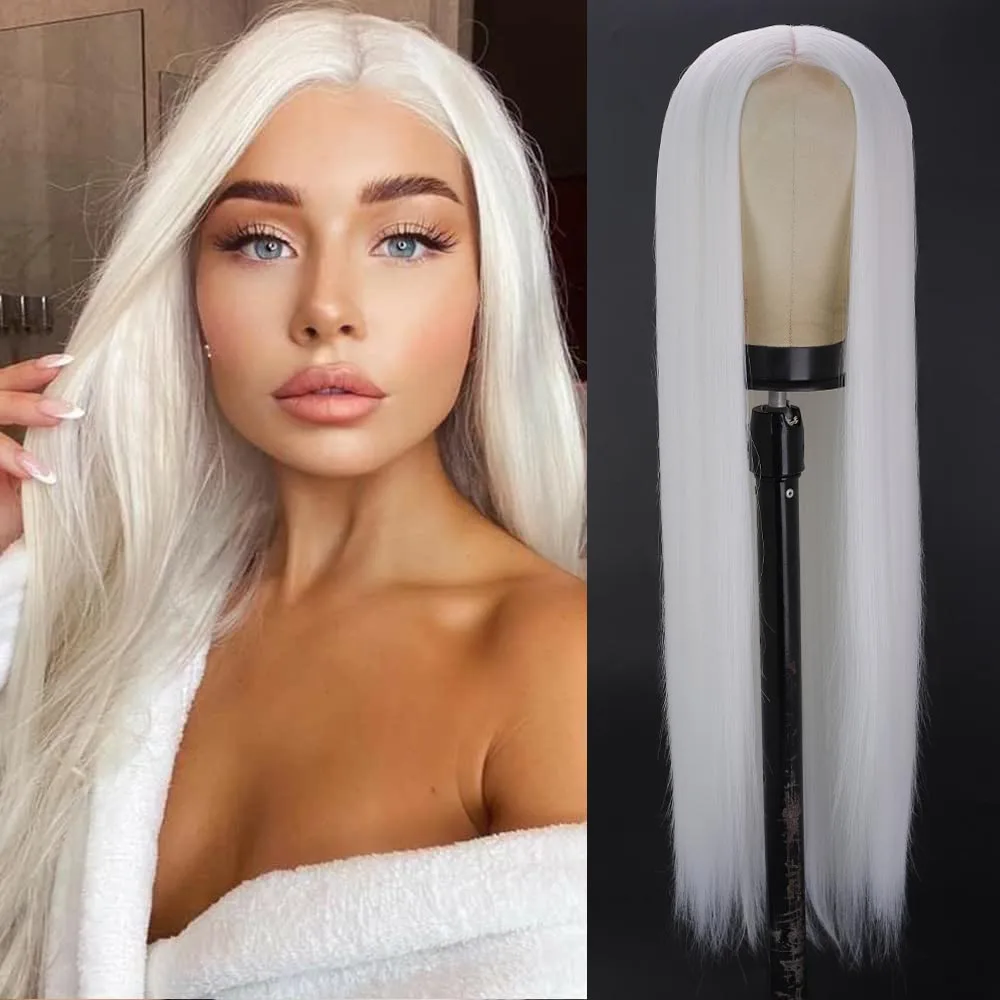 Platinum White Hair Wigs Long Straight Wigs Natural Hairline Heat Resistant Synthetic Front Lace Wigs For Fashion Women