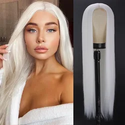 Perucas de cabelo branco platina reta longa para mulheres, linha fina natural, resistente ao calor, sintética, renda dianteira, moda