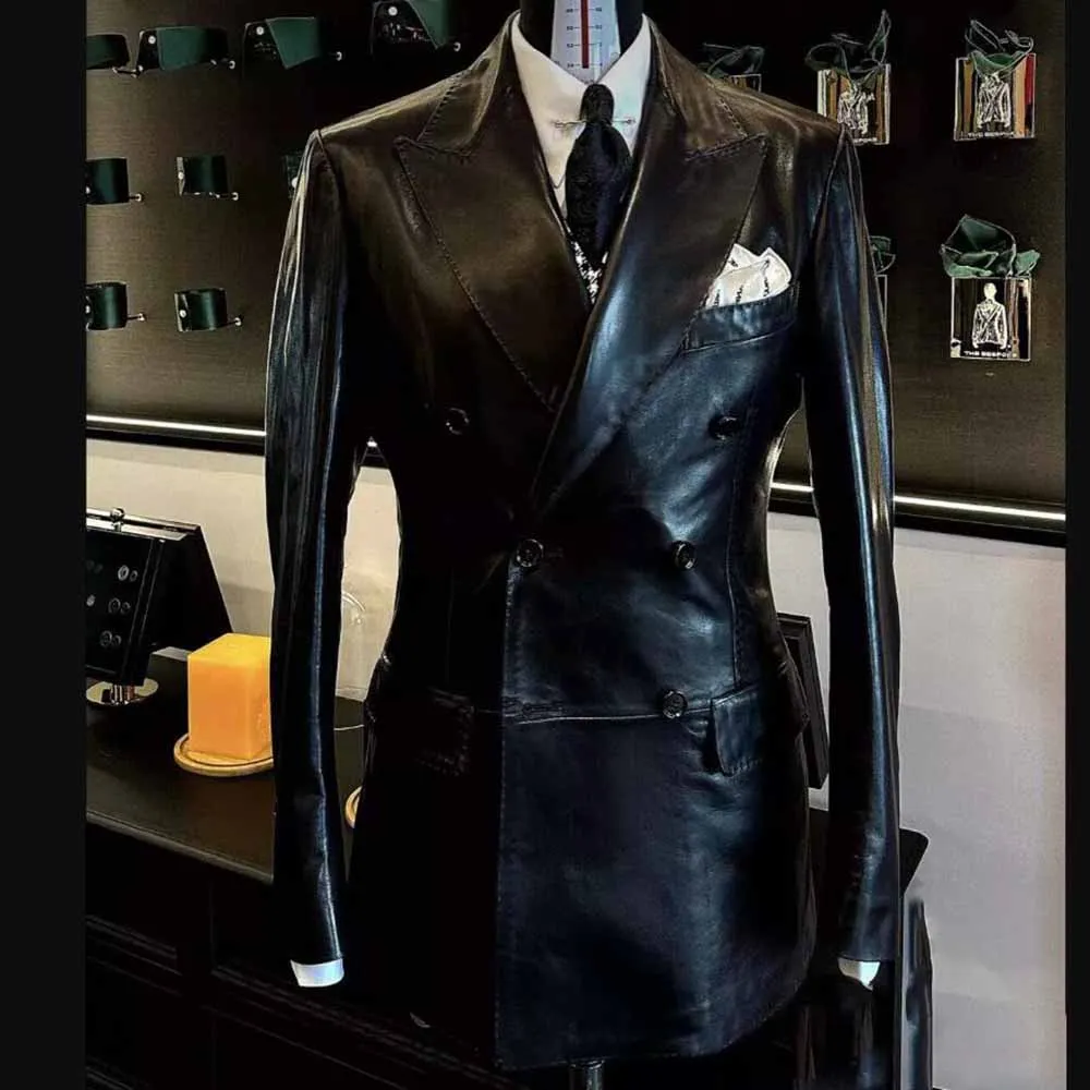 Leather Suits For Men Wide Peak Lapel Prom Dinner Party Blazers Customized Double Breasted Groom Wedding Tuxedos Male Clothing