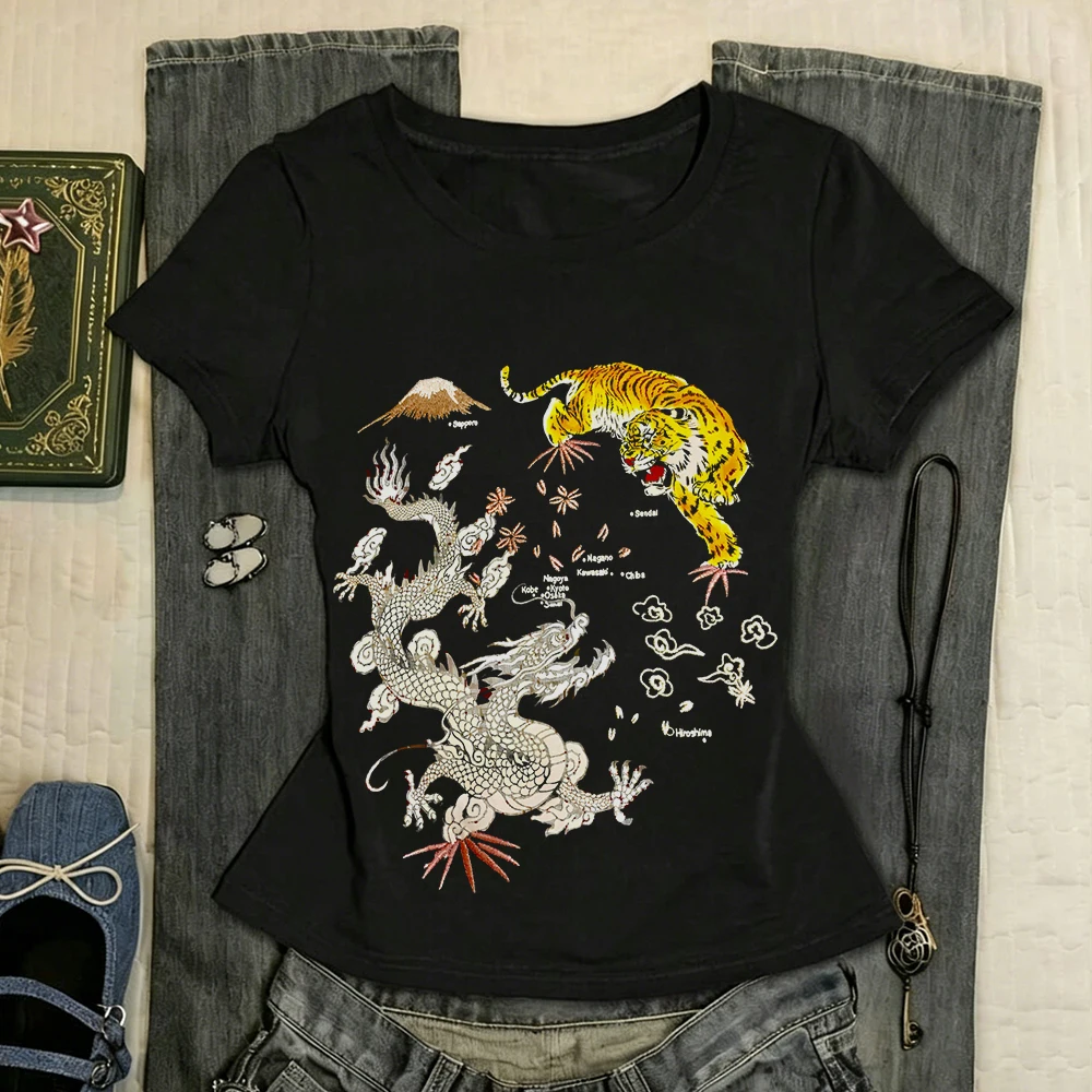 Aesthetic Gothic Punk Harajuku Slimming T-shirt Retro Emo Girls Anime Pattern Printed T-shirt Streetwear 2000s Y2K Clothing