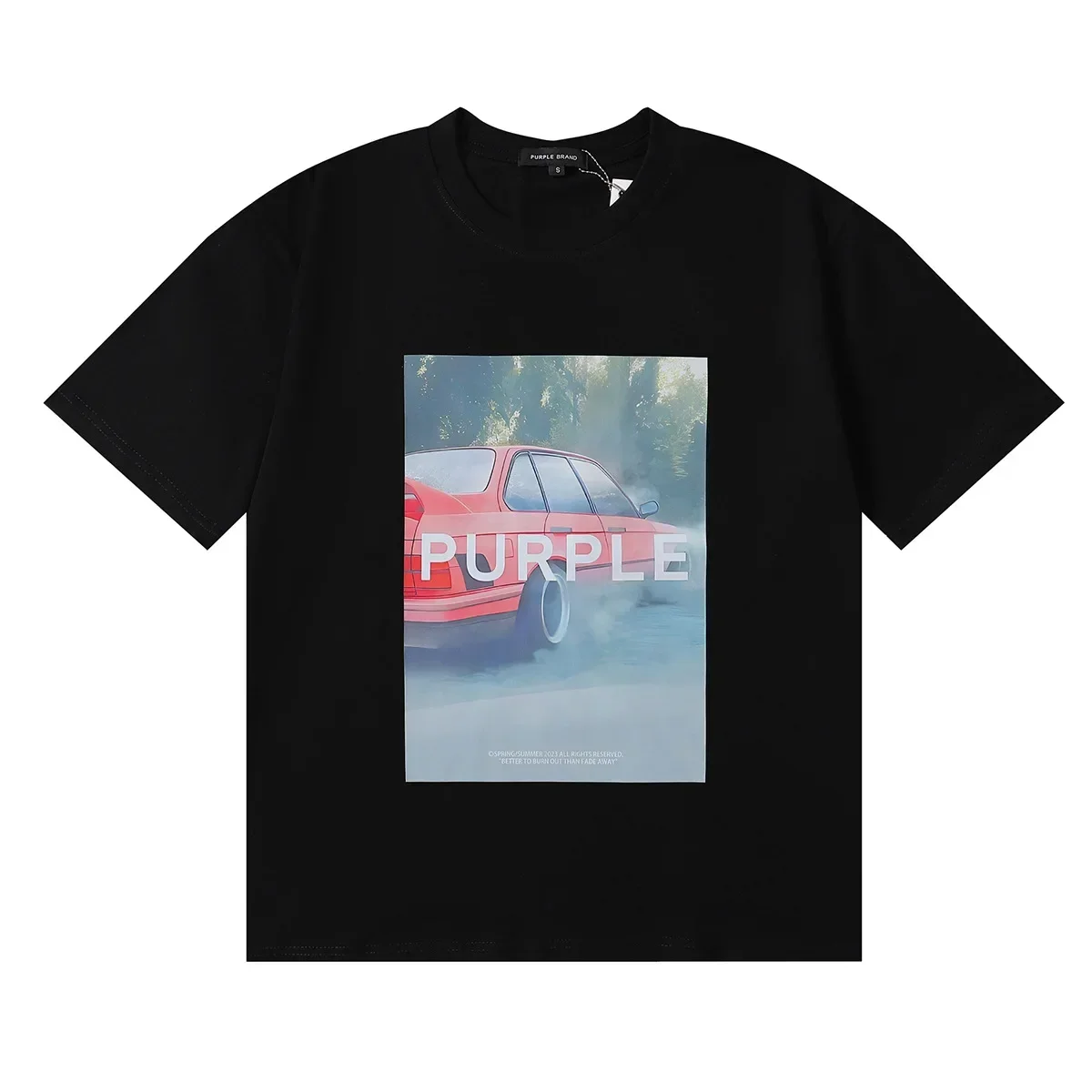 

Purple Brand retro car high-definition printed pure cotton casual short sleeved men's and women's loose bottomed T-shirt