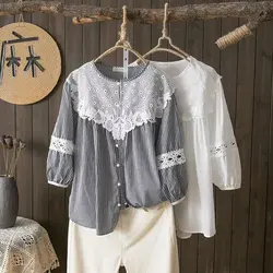 Mori kei clothing original designer cotton lace embroider patchwork plaid shirts and blouses for women large sized tops oversize