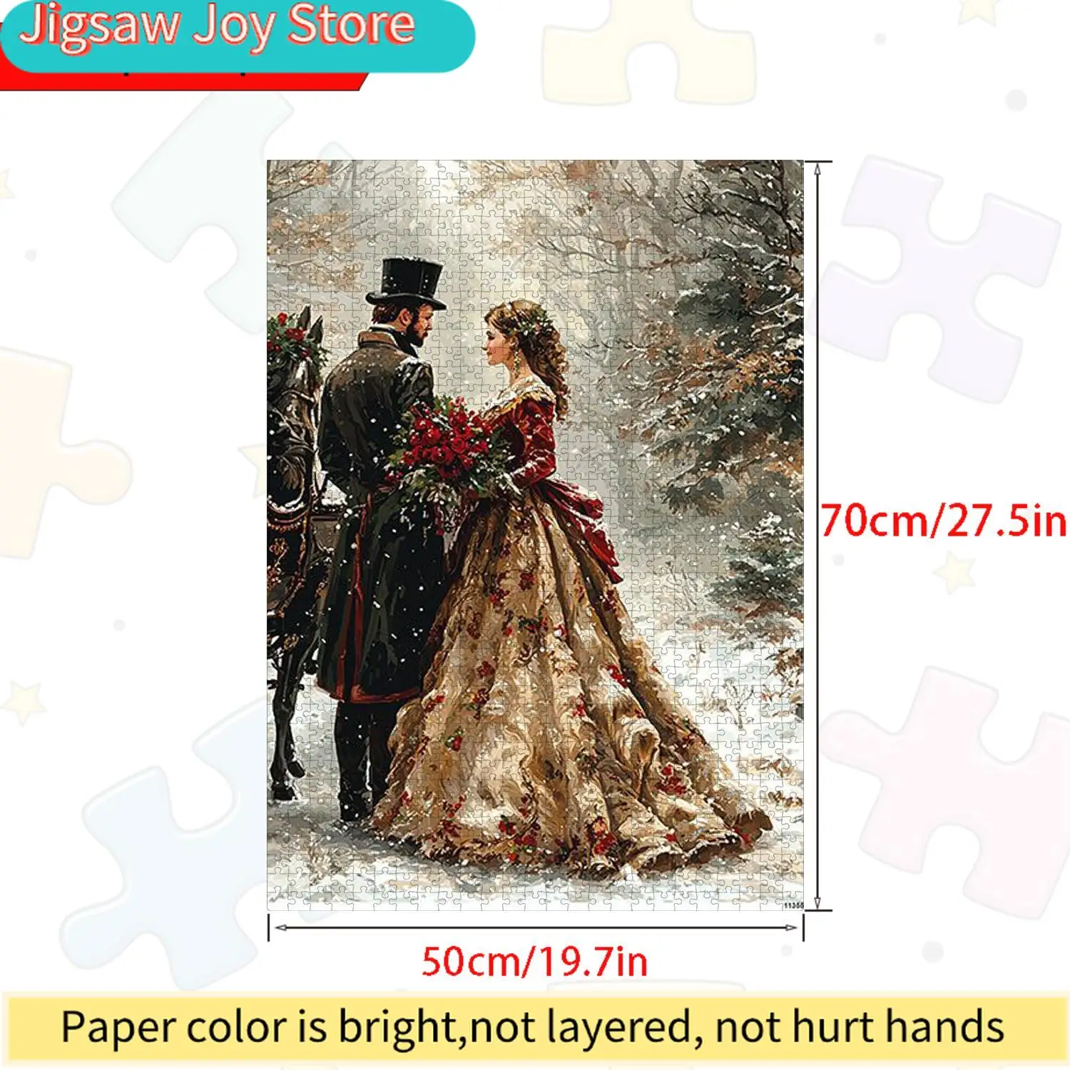 Vintage Couple Carriage Puzzle | 70cmX50cm Large Durable Cardboard Puzzle with Romantic Winter Snow Scene, Elegant Nostalgic