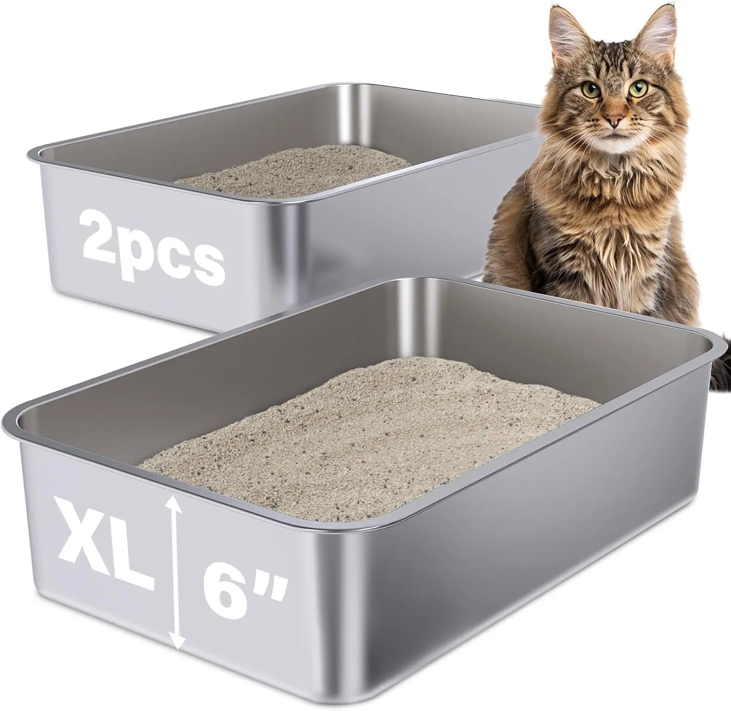 

Stainless Steel Litter Box 2 Pack, 23.6" X 15.7" X 6" Steel Litter Box XL No Smell, Extra Large Metal Litterbox for Big