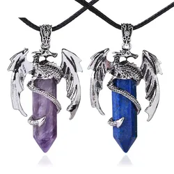 Flying Dragon Wrapped Crystal Double Point Hexagonal Pendant Healing Crystals Natural Stone Sweater Chain Necklace for Men Women