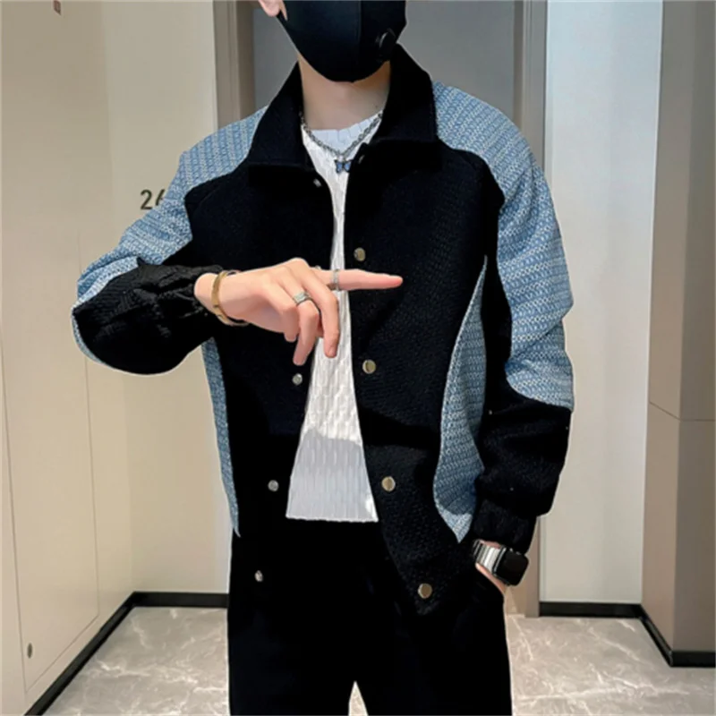 Y2K Spring Autumn Casual Jacket Man 2024 New Covered Button Lapel Men's Clothing Coat Fashion Patchwork Outerwear Hombre