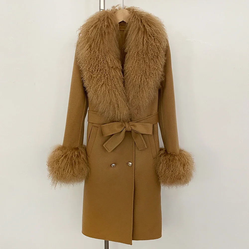 Woolen Coat Warm Female Autumn Winter Real Fur Coat Women Fashion Mongolia Sheep Fur Jacket Wool Blend Long Outerwear Lady