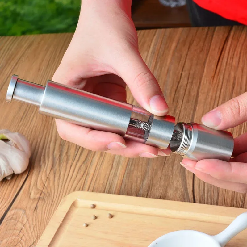 Manual Stainless Steel Grinder - Refillable Push Button Salt and Pepper Mill, Thumb Grinder for Pepper, Sea Salt, One-Handed Use