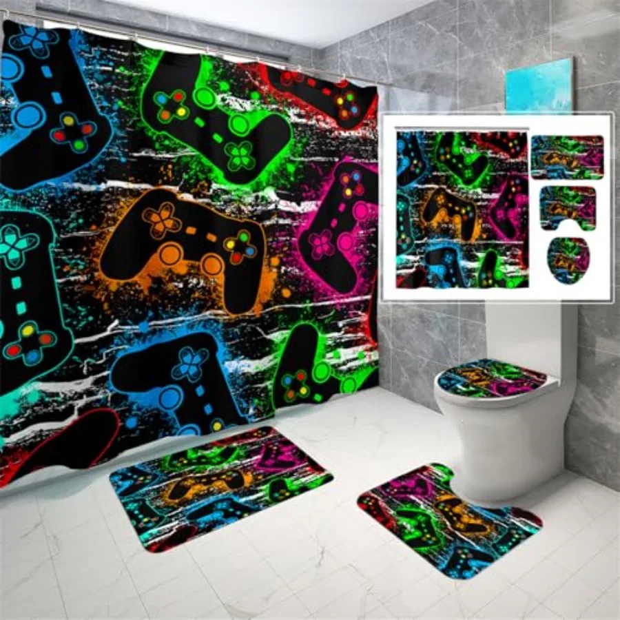 

4 Pcs Gaming Shower Curtain Set for Bathroom - Gamepad Bathroom Set for Boys, Game Shower with Rugs, Splash Color Game Controll