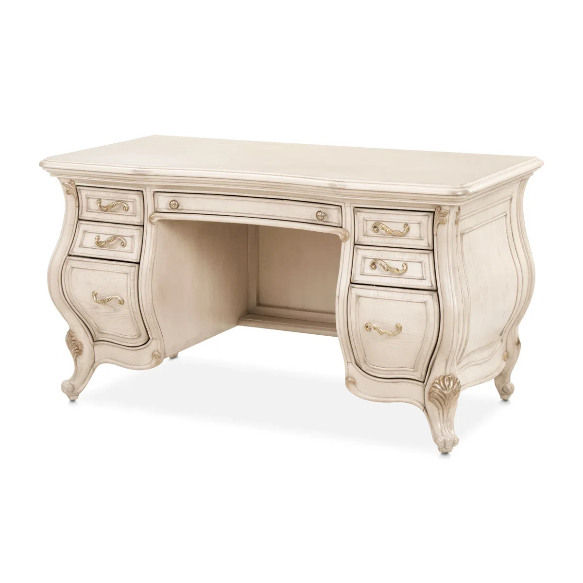 ^French Rococo Cream White Solid Wood Carved Desk Vintage Royal 7 Drawers Storage Vanity Table