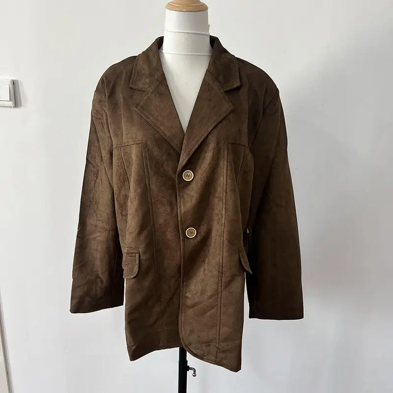 Chaqueta corta de ante de estilo británico para mujer, abrigo Vintage informal de Color sólido, chaqueta holgada de un solo pecho, Otoño e Invierno