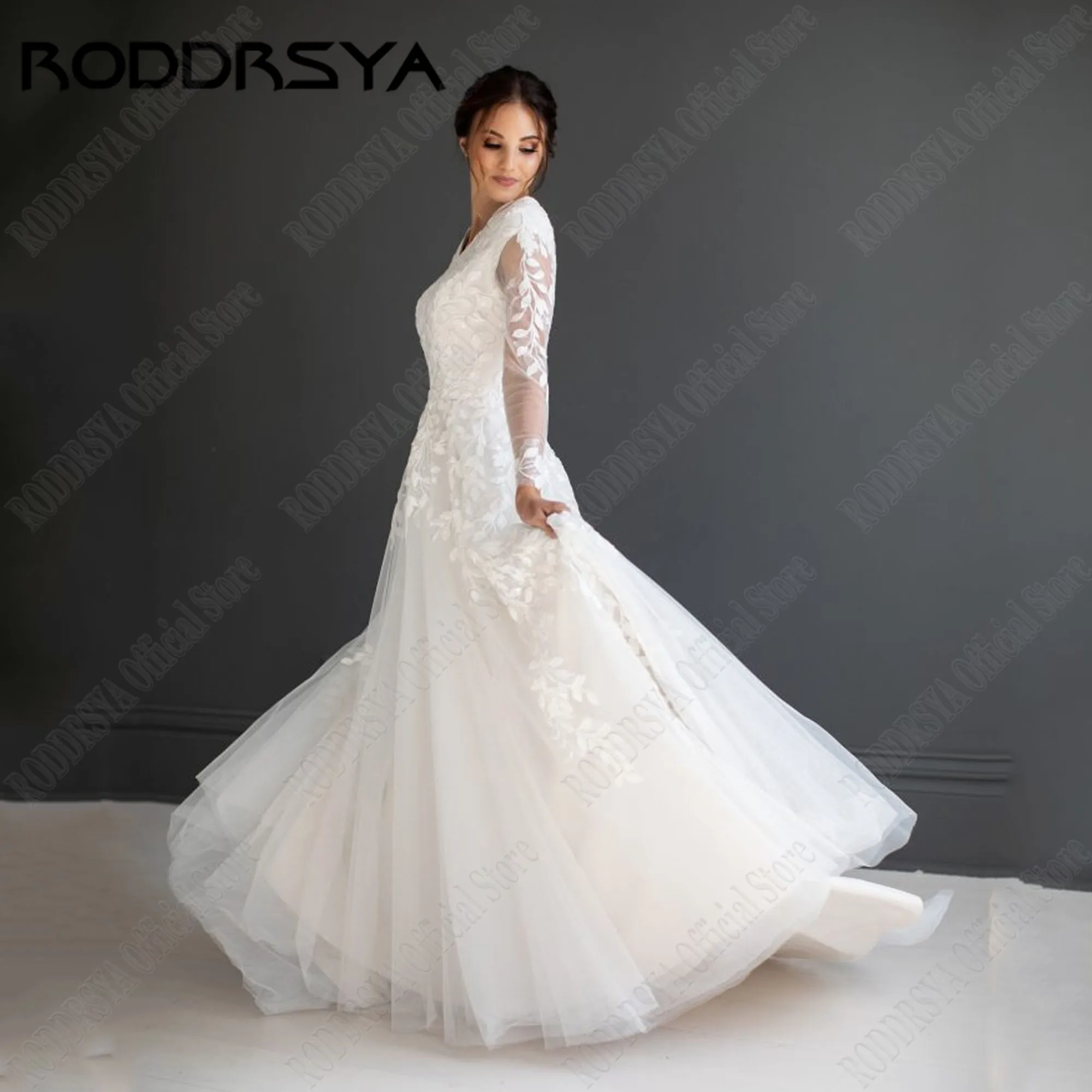 Roddrsya muslimische volle Ärmel Hochzeits kleid Applikation Spitze V-Ausschnitt Zivil Brautkleider Sweep Zug Vestido de Novia angepasstRODDRSYA Muslim Full Sleeve Brautkleid Applique Spitze V-Ausschnitt Zivil Brautkle – Detail 8