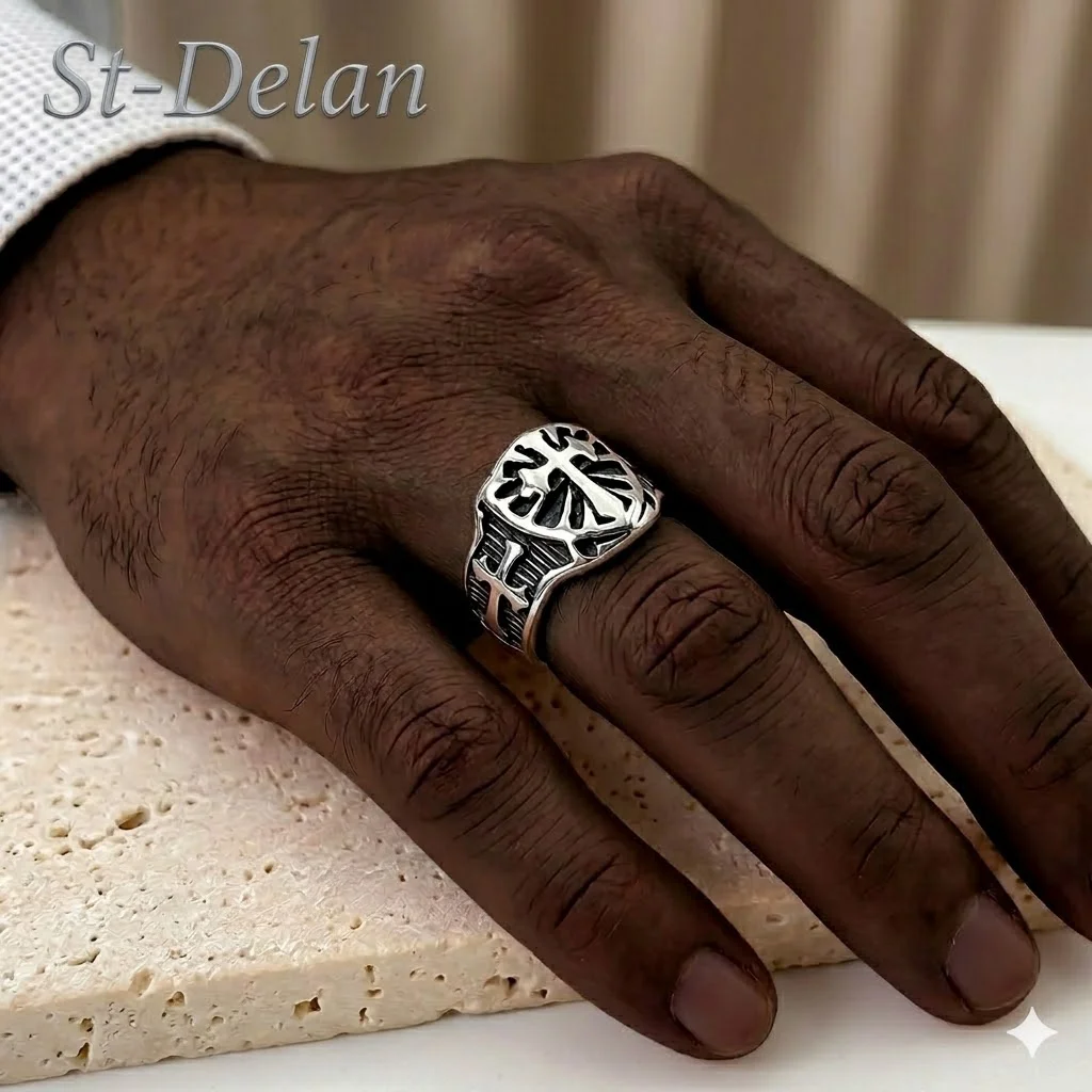 Knights Templar Shield Ring for Men — Distinctive Punk-Style Stainless Steel Wide-Band Ring — Jewelry, Prop, and Gift Item