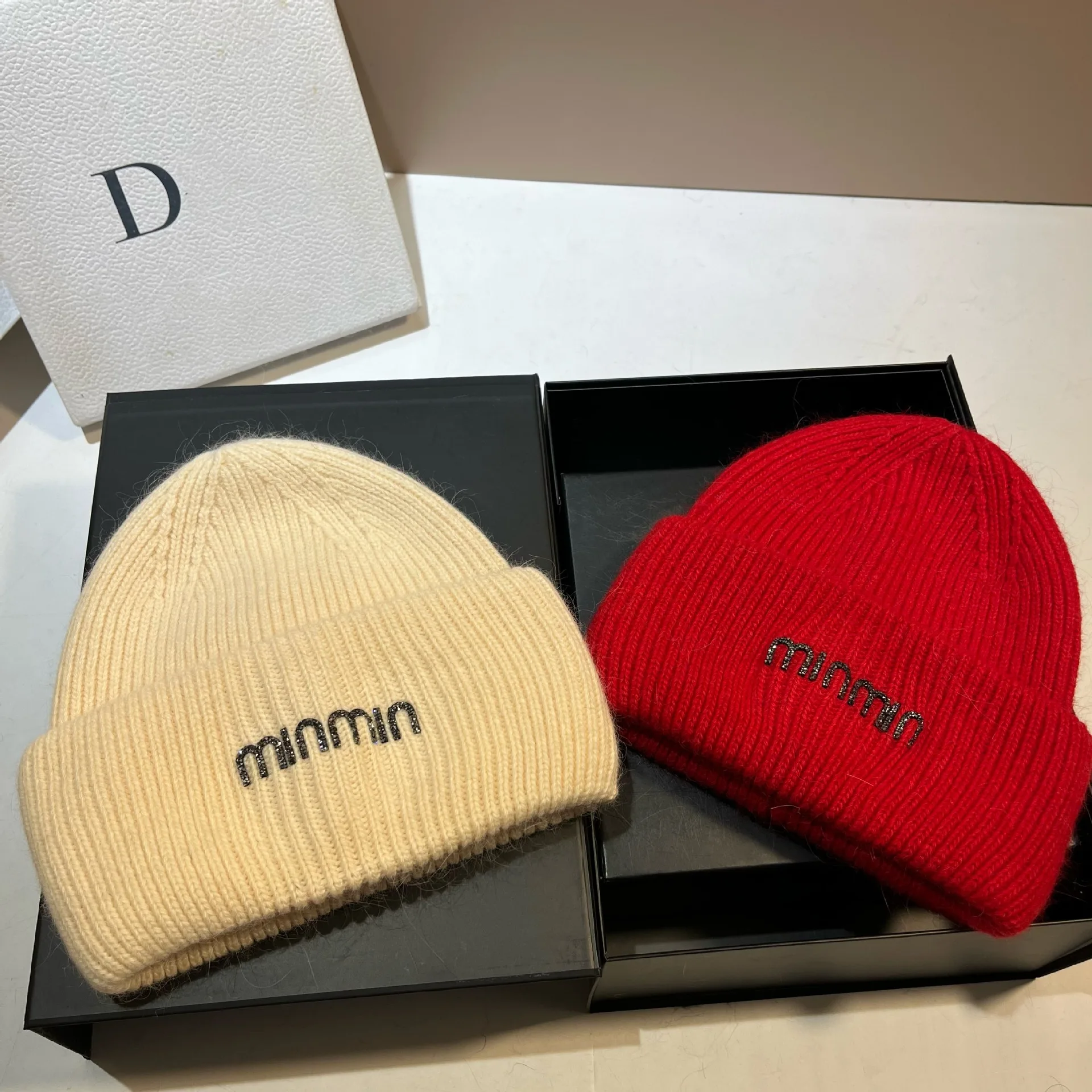 Luxury Rhinestone Knitted Hat  Real Rabbit Fur Wool Cap Unisex Fashion Winter Warm Bonnet Beanies