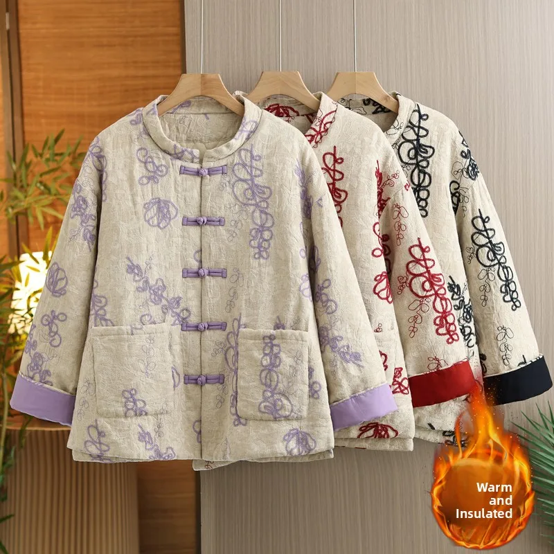 

Winter Thiened Cotton Jaet Women's Loose Large Size Warm Mid-Length Chinese Sle Buttoned Coat New Arrival