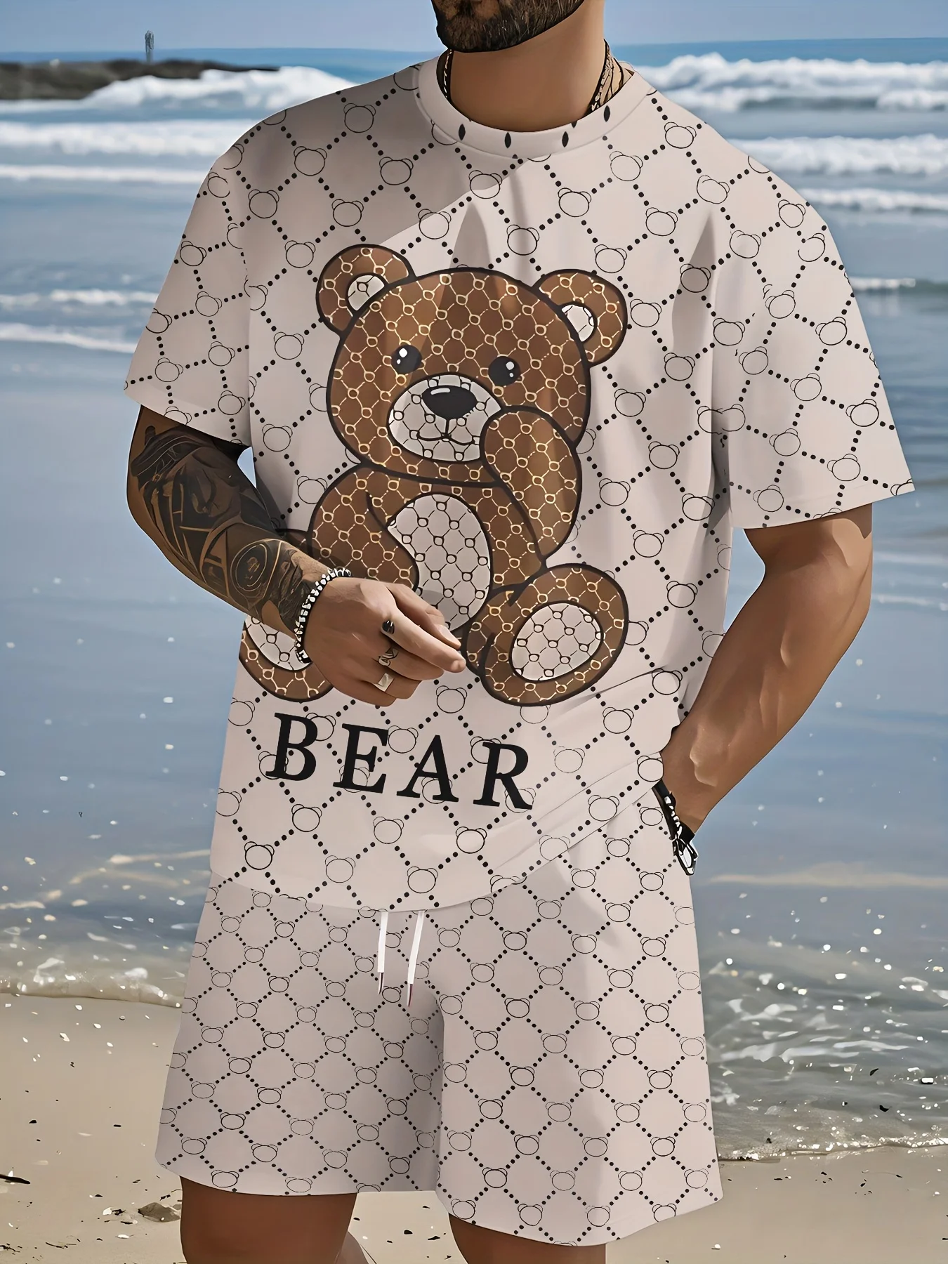 

Лето 2029, мужская повседневная трендовая футболка с принтом медведя, комплект с шортами, дышащий, быстросохнущий, удобный спортивный мужской костюм, одежда