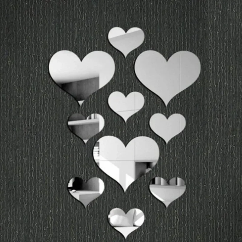 10Pcs/Set Durable Love Heart Stickers Wall Sticker Mirror Mural 3D Decal Simple DIY Decorative Removable Paster Home Decoration