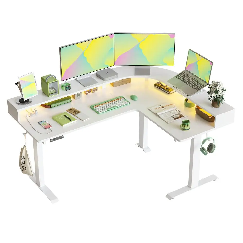 

L Shaped Standing Desk with Arc LED amp Power Outlet, Exclusive Uprated 3 Motors Support 330LB, Electric Height Adjustable L Sh