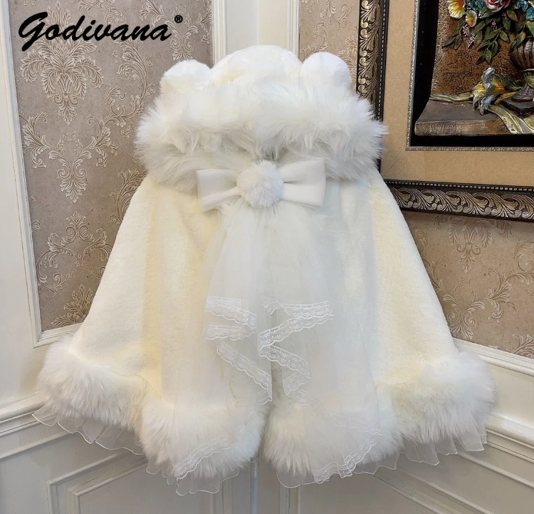 Sweet Cute Girl Bear Ears Bow Hooded Lace Hairball Cloak New Winter Women's Imitation Rabbit Fur Loose Cape Jacket Fleece Poncho