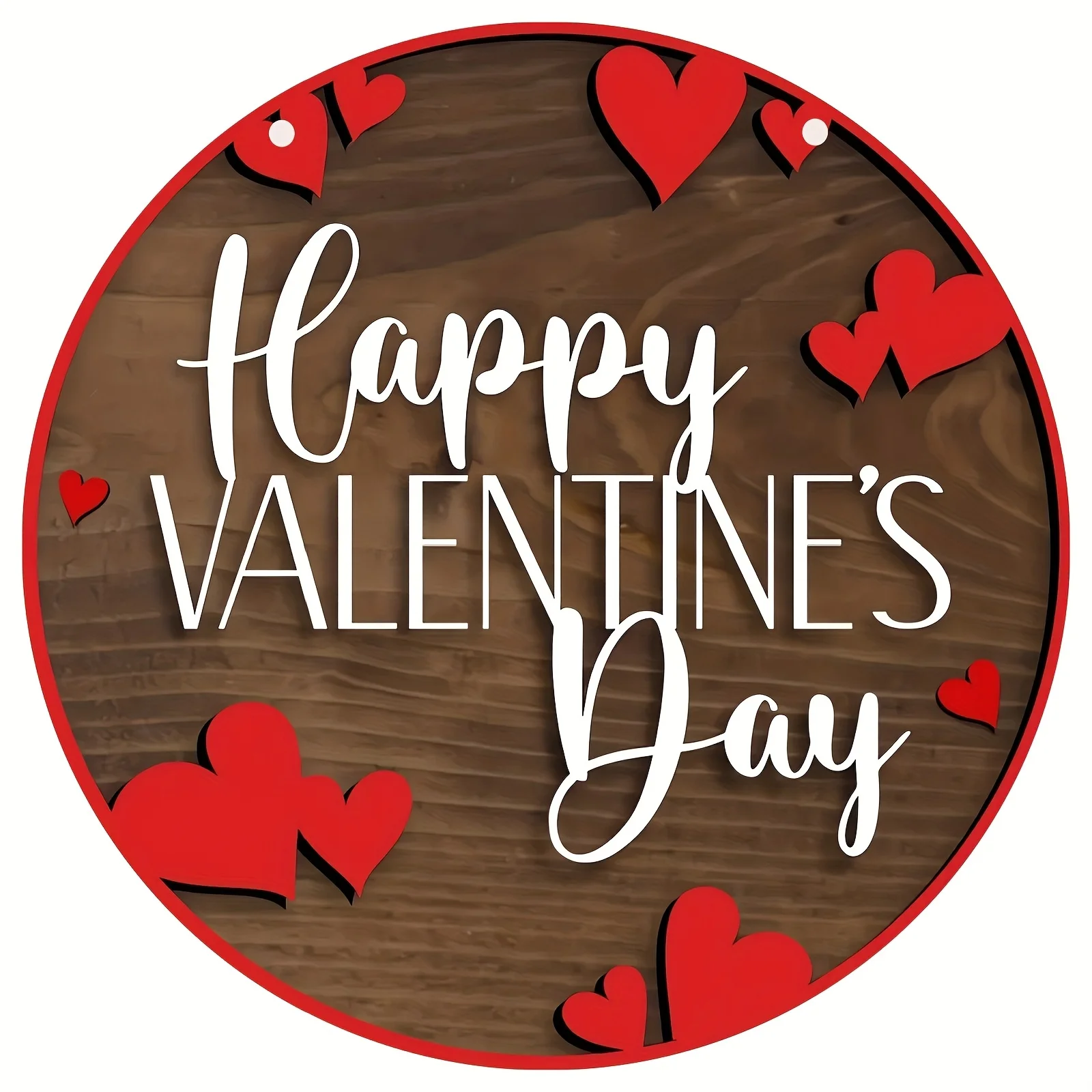 1, 2D-Flachteile, rundes Valentinstag-Holz im Retro-Stil – herzförmiges Thema, mit rotem Herz und „Happy Valentine's Day“
