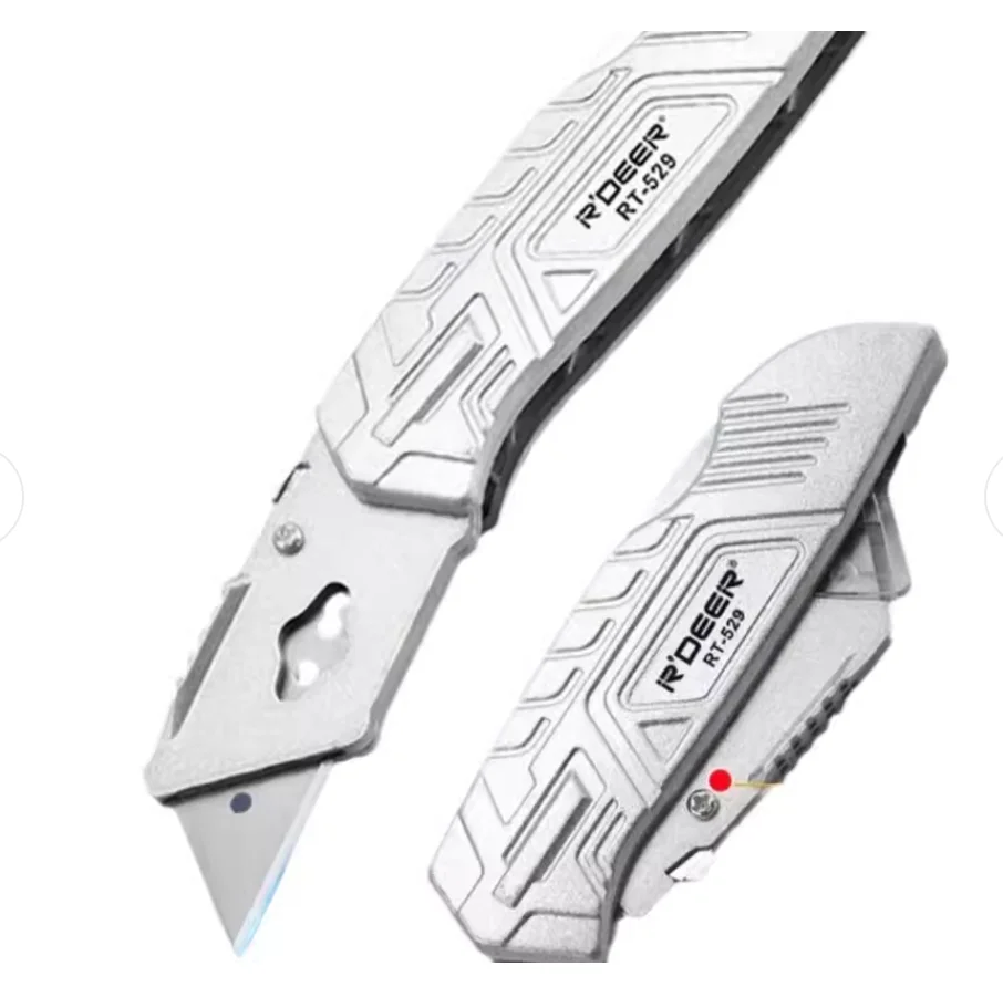 R'DEER tool Aluminum handle folding heavy duty art knife with 5pcs blades Carpet knife Leather Knife NO.RT-529